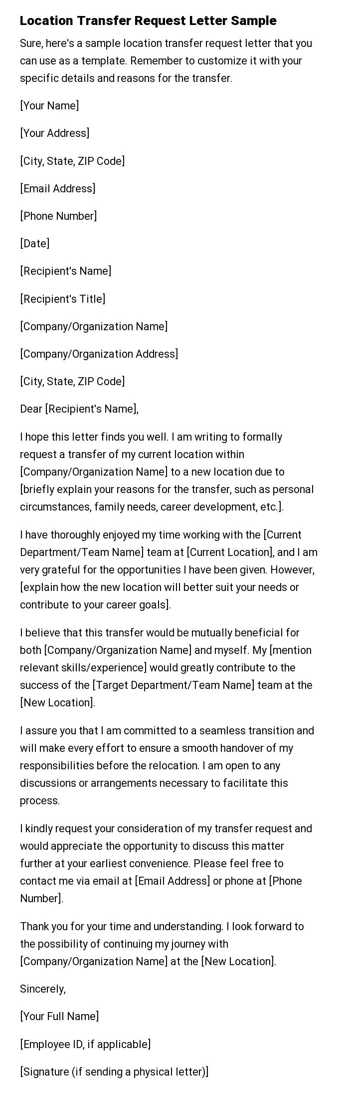 Location Transfer Request Letter Sample