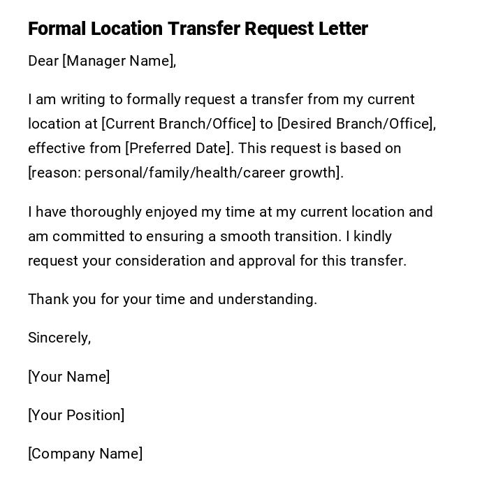 Formal Location Transfer Request Letter Formal Location Transfer Request Letter
