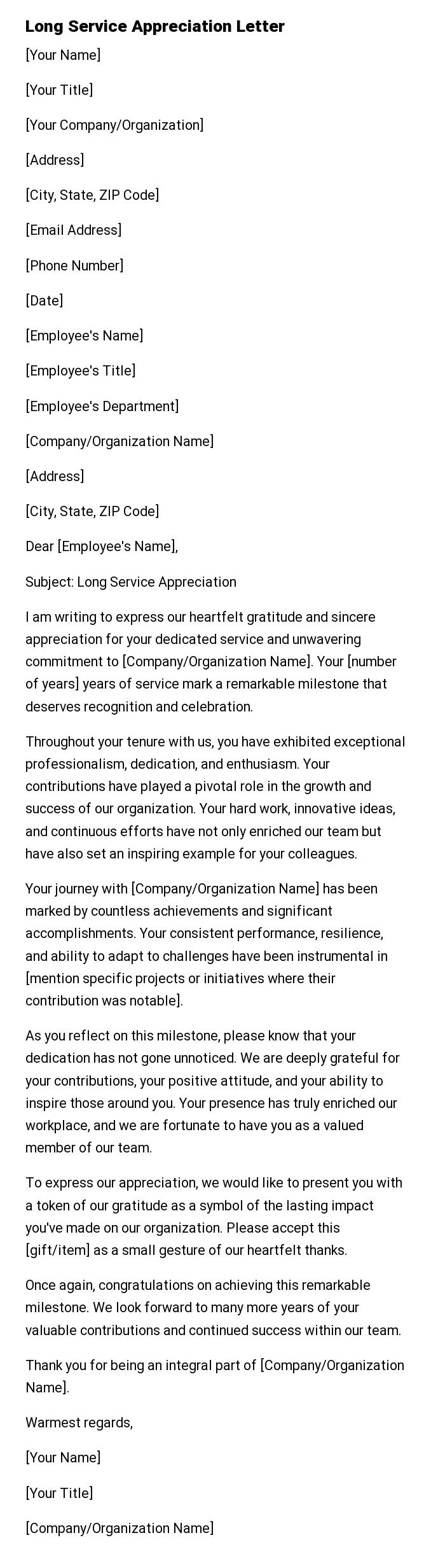 Long Service Appreciation Letter