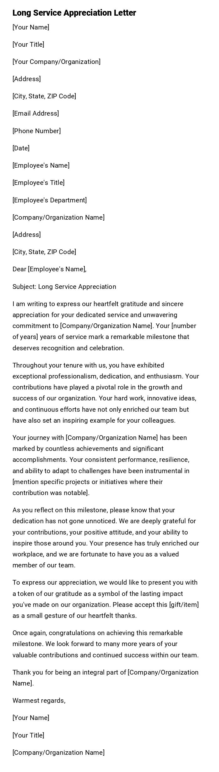 Long Service Appreciation Letter