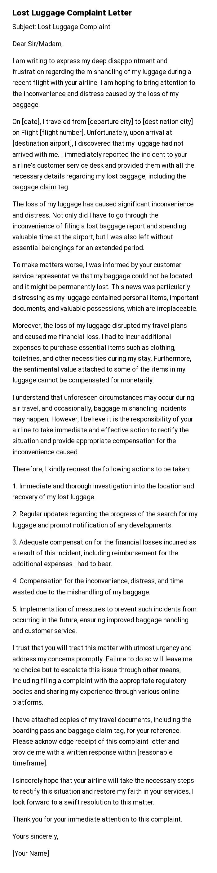 Lost Luggage Complaint Letter