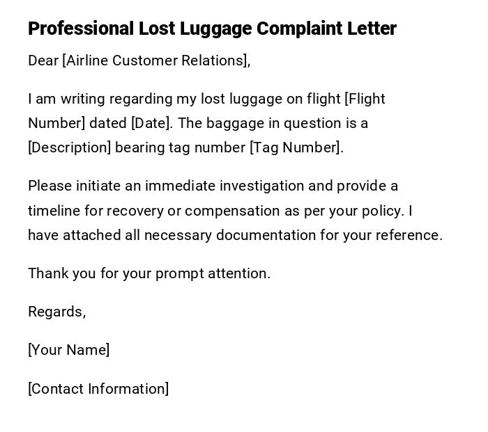 Professional Lost Luggage Complaint Letter Professional Lost Luggage Complaint Letter