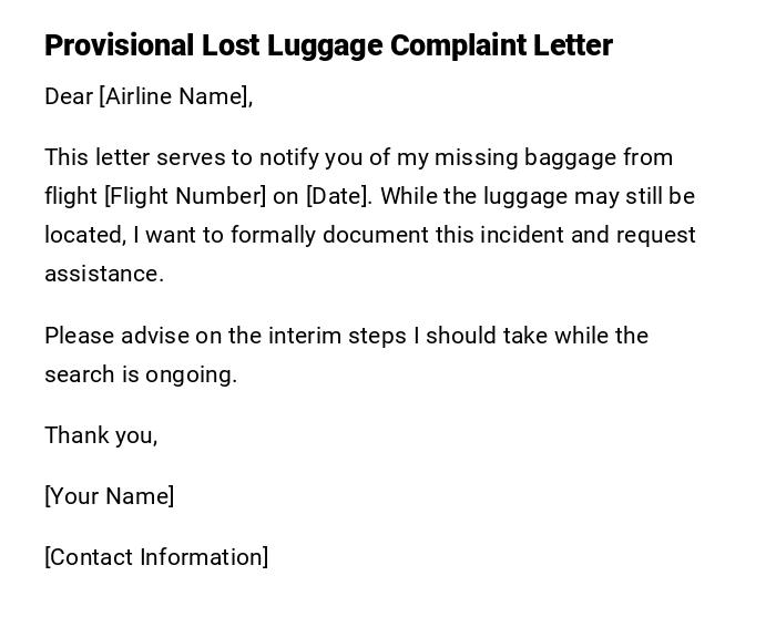 Provisional Lost Luggage Complaint Letter Provisional Lost Luggage Complaint Letter