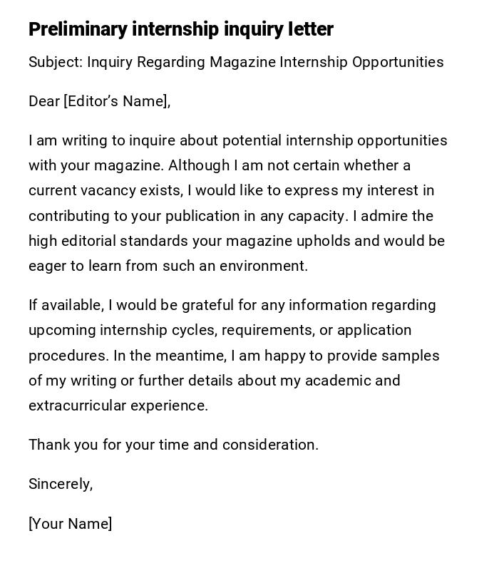 Preliminary internship inquiry letter Preliminary internship inquiry letter