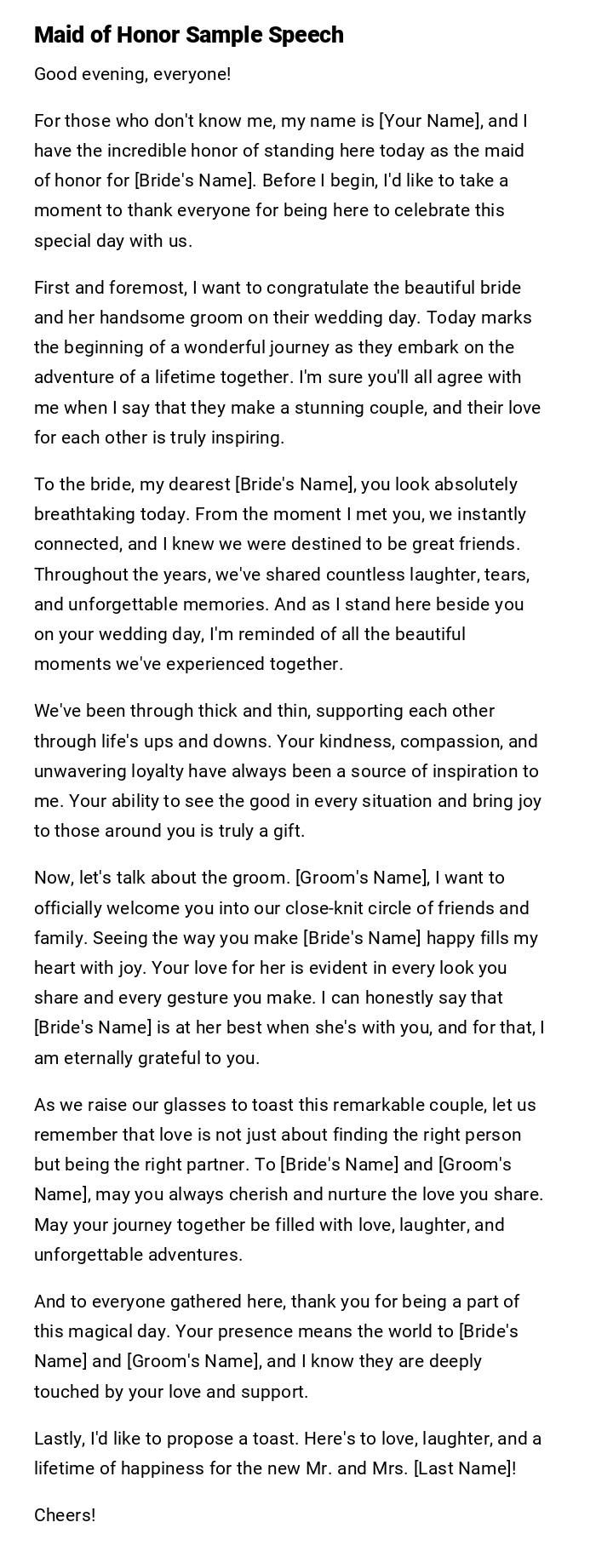 Maid of Honor Sample Speech