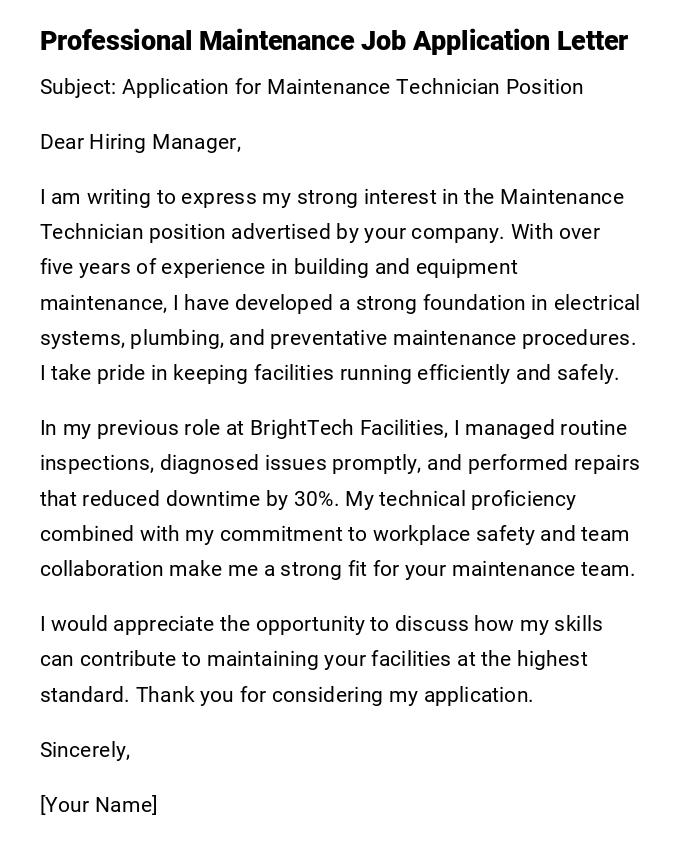 Professional Maintenance Job Application Letter Professional Maintenance Job Application Letter