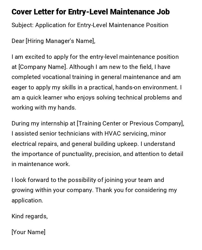 Cover Letter for Entry-Level Maintenance Job Cover Letter for Entry-Level Maintenance Job
