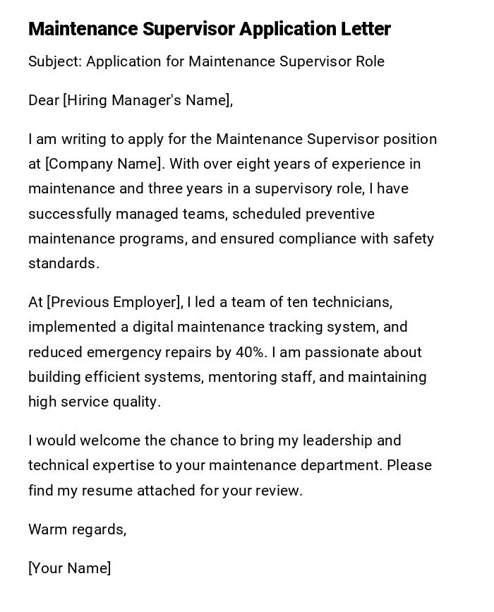 Maintenance Supervisor Application Letter Maintenance Supervisor Application Letter