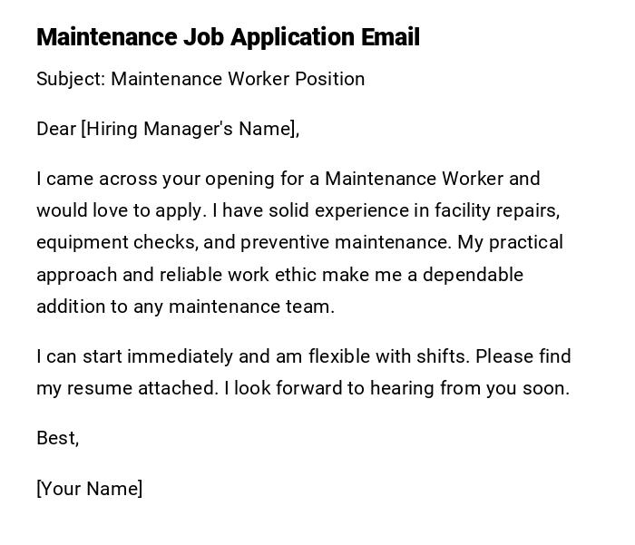 Maintenance Job Application Email Maintenance Job Application Email