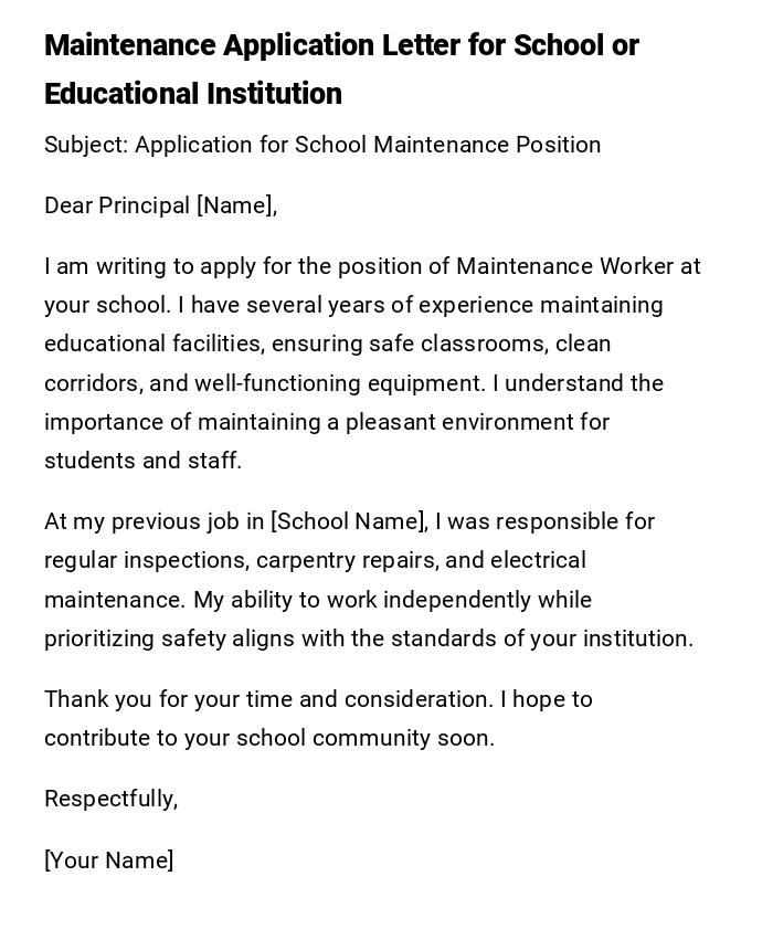 Maintenance Application Letter for School or Educational Institution Maintenance Application Letter for School or Educational Institution