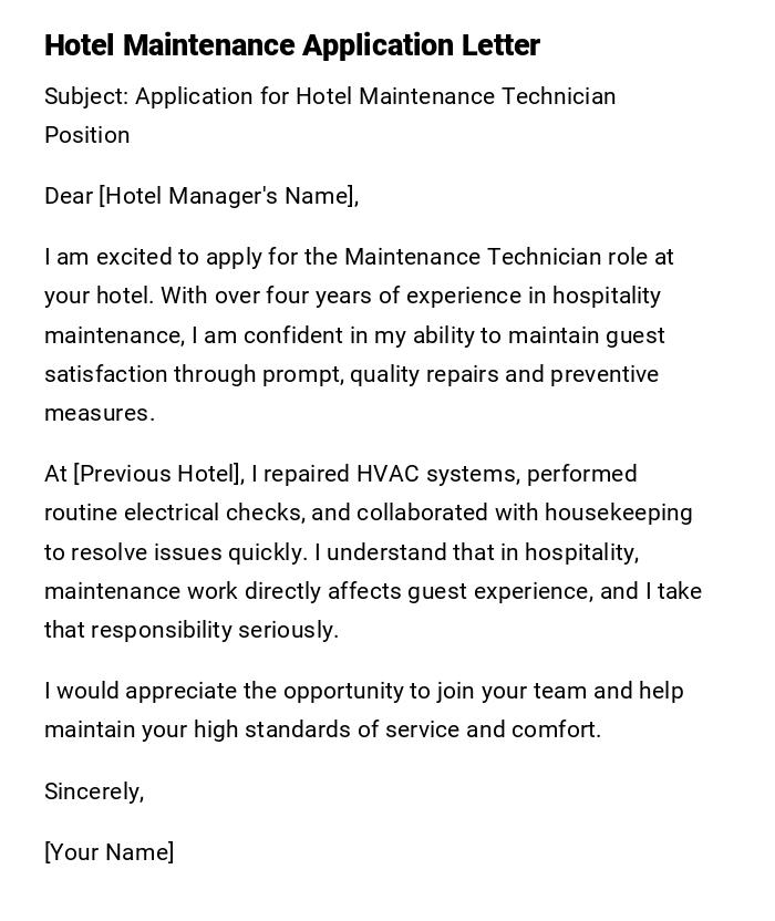 Hotel Maintenance Application Letter Hotel Maintenance Application Letter