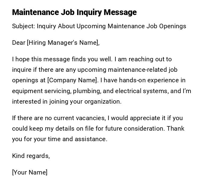 Maintenance Job Inquiry Message Maintenance Job Inquiry Message