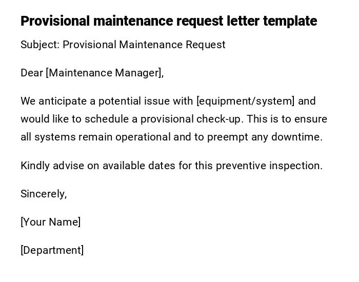 Provisional maintenance request letter template Provisional maintenance request letter template
