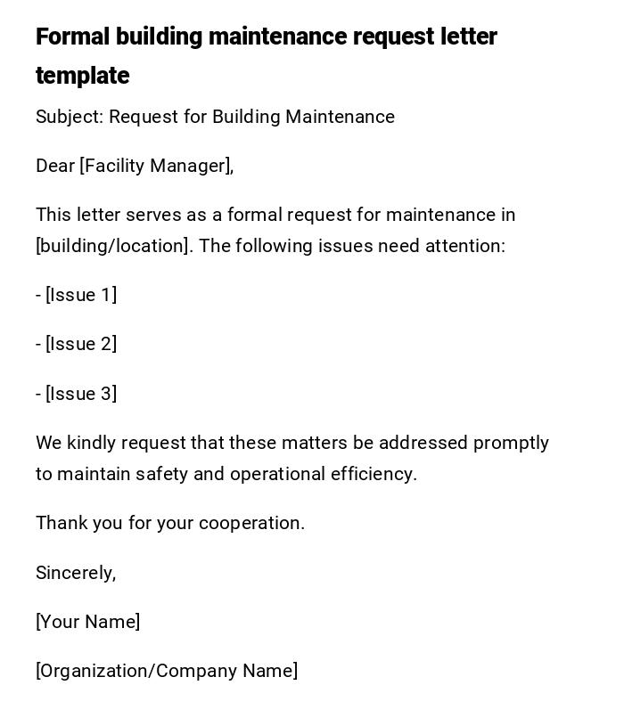 Formal building maintenance request letter template Formal building maintenance request letter template