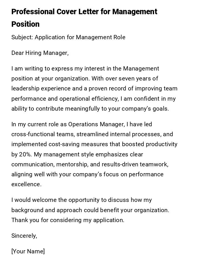 Professional Cover Letter for Management Position