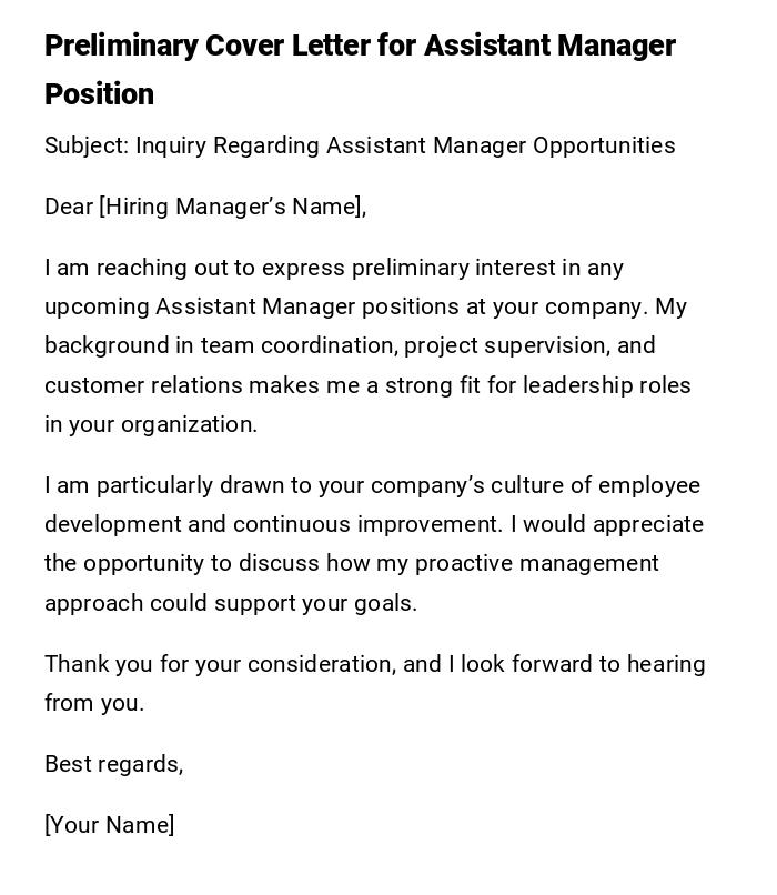 Preliminary Cover Letter for Assistant Manager Position