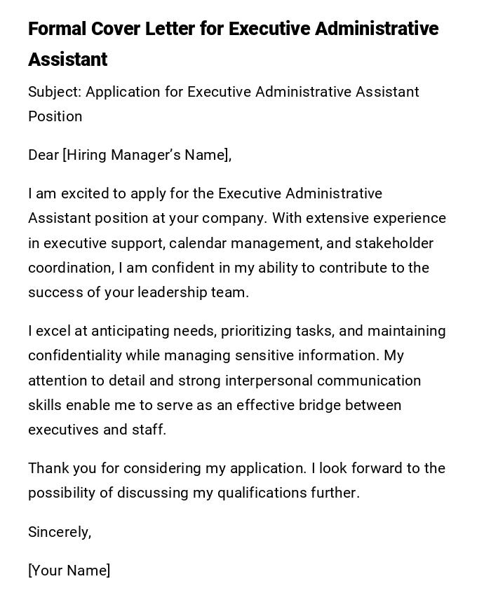 Formal Cover Letter for Executive Administrative Assistant