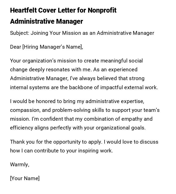 Heartfelt Cover Letter for Nonprofit Administrative Manager