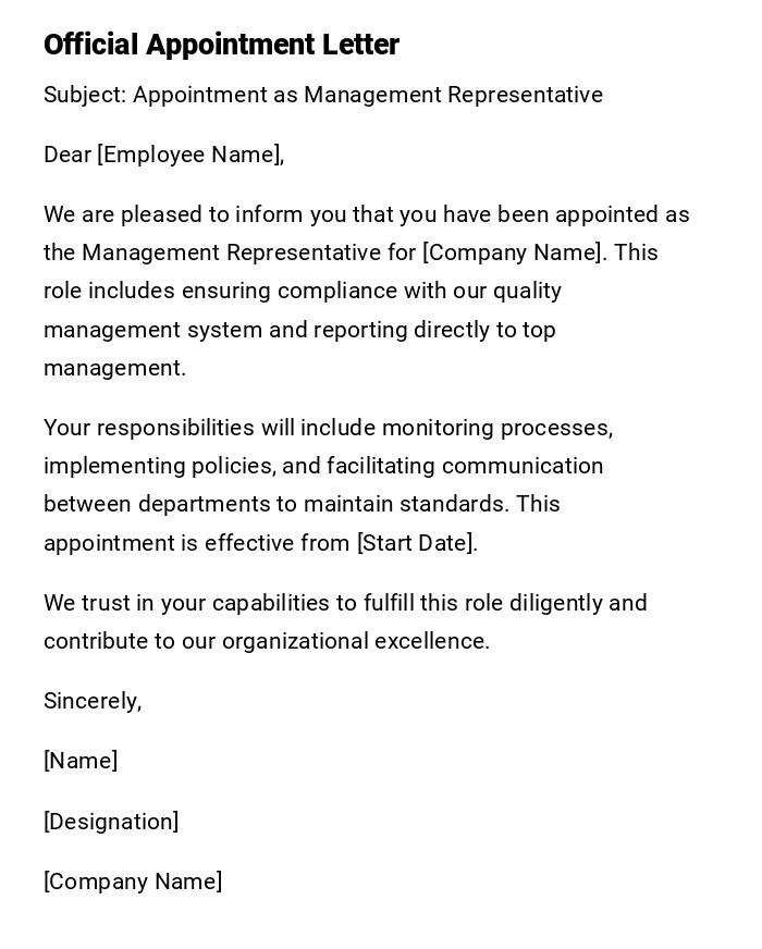 Official Appointment Letter Official Appointment Letter