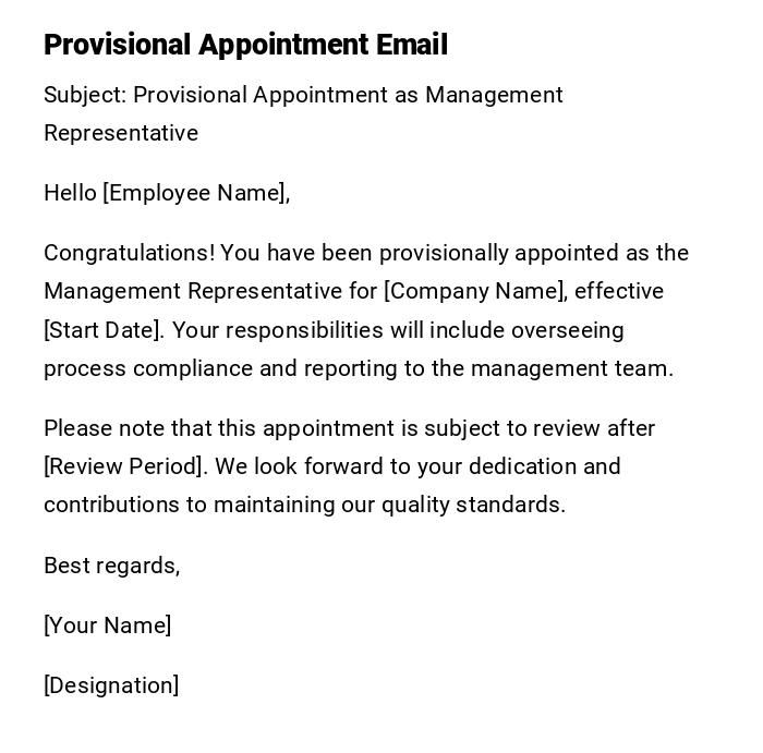 Provisional Appointment Email Provisional Appointment Email