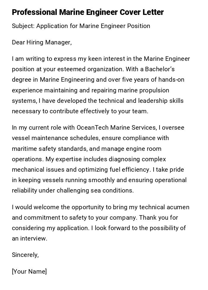 Professional Marine Engineer Cover Letter Professional Marine Engineer Cover Letter