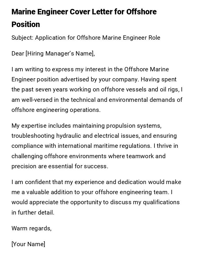 Marine Engineer Cover Letter for Offshore Position Marine Engineer Cover Letter for Offshore Position