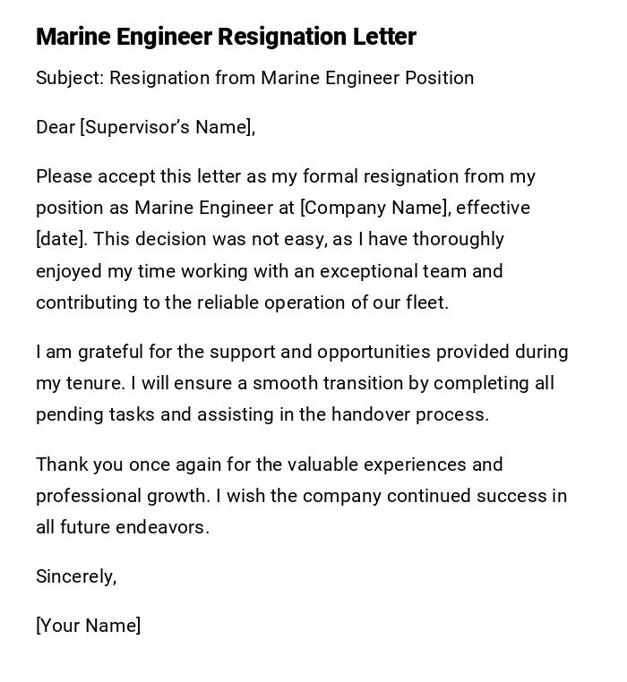 Marine Engineer Resignation Letter Marine Engineer Resignation Letter