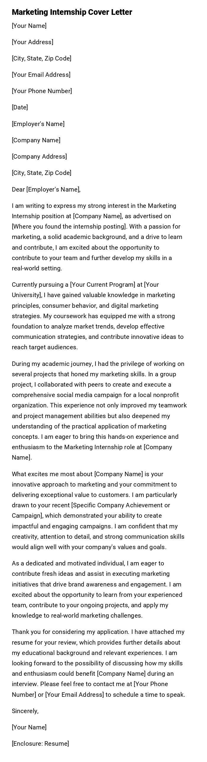 Marketing Internship Cover Letter