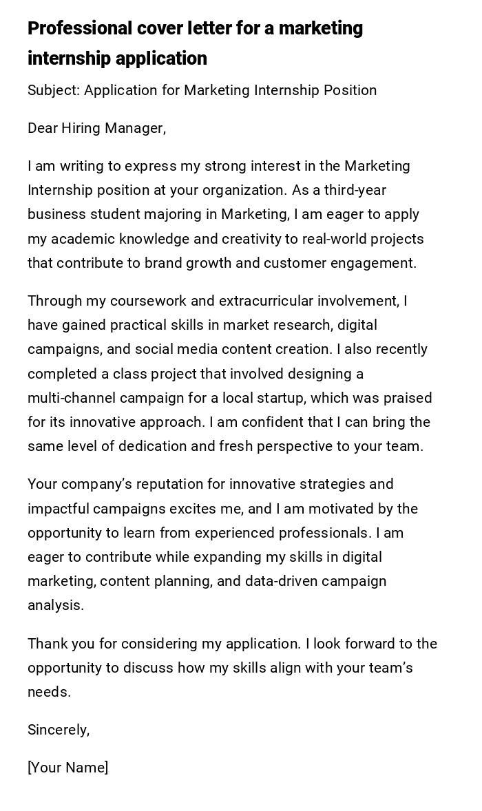 Professional cover letter for a marketing internship application Professional cover letter for a marketing internship application