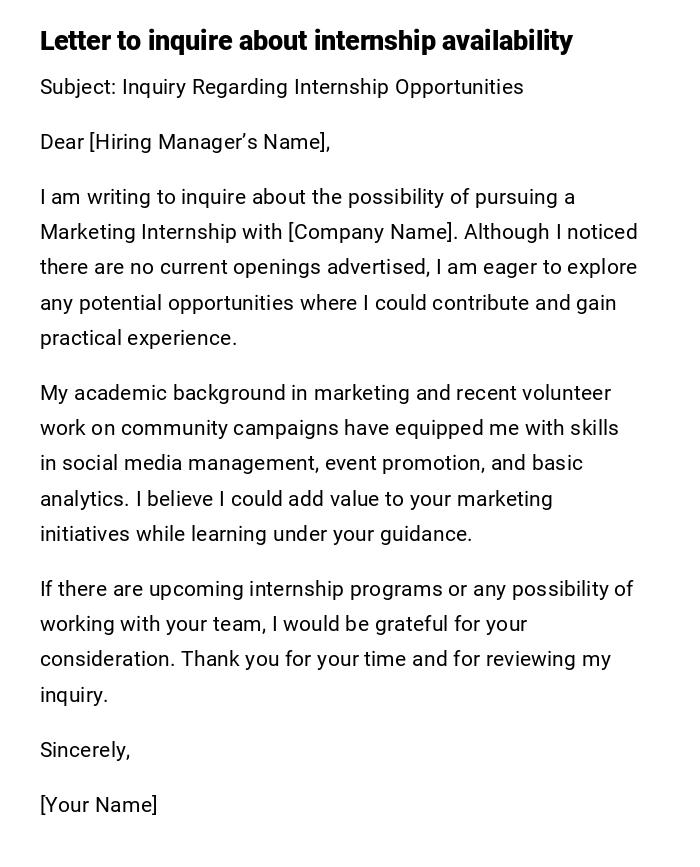 Letter to inquire about internship availability Letter to inquire about internship availability
