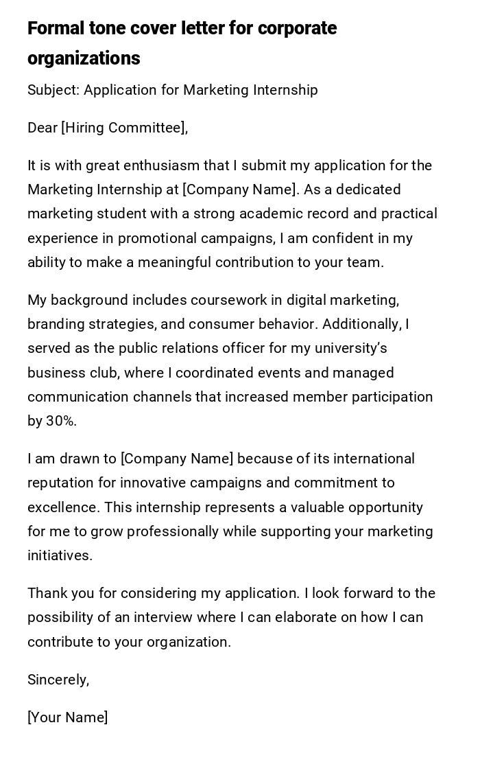 Formal tone cover letter for corporate organizations Formal tone cover letter for corporate organizations