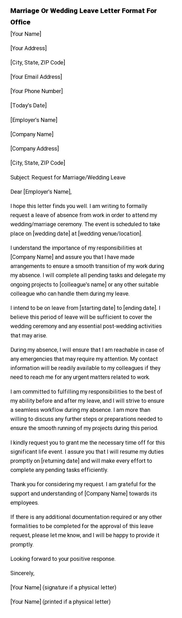 Marriage Or Wedding Leave Letter Format For Office