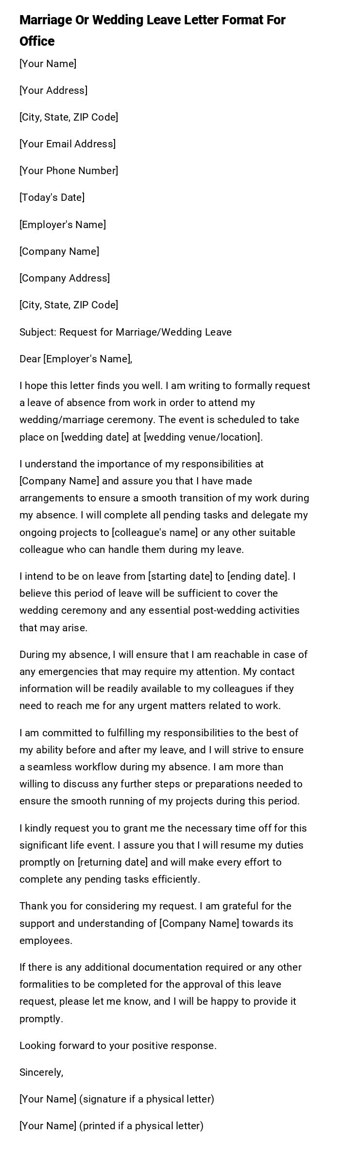 Marriage Or Wedding Leave Letter Format For Office