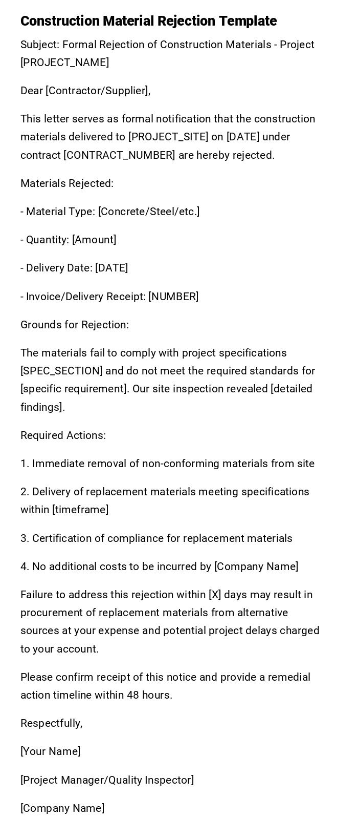 Construction Material Rejection Template Construction Material Rejection Template