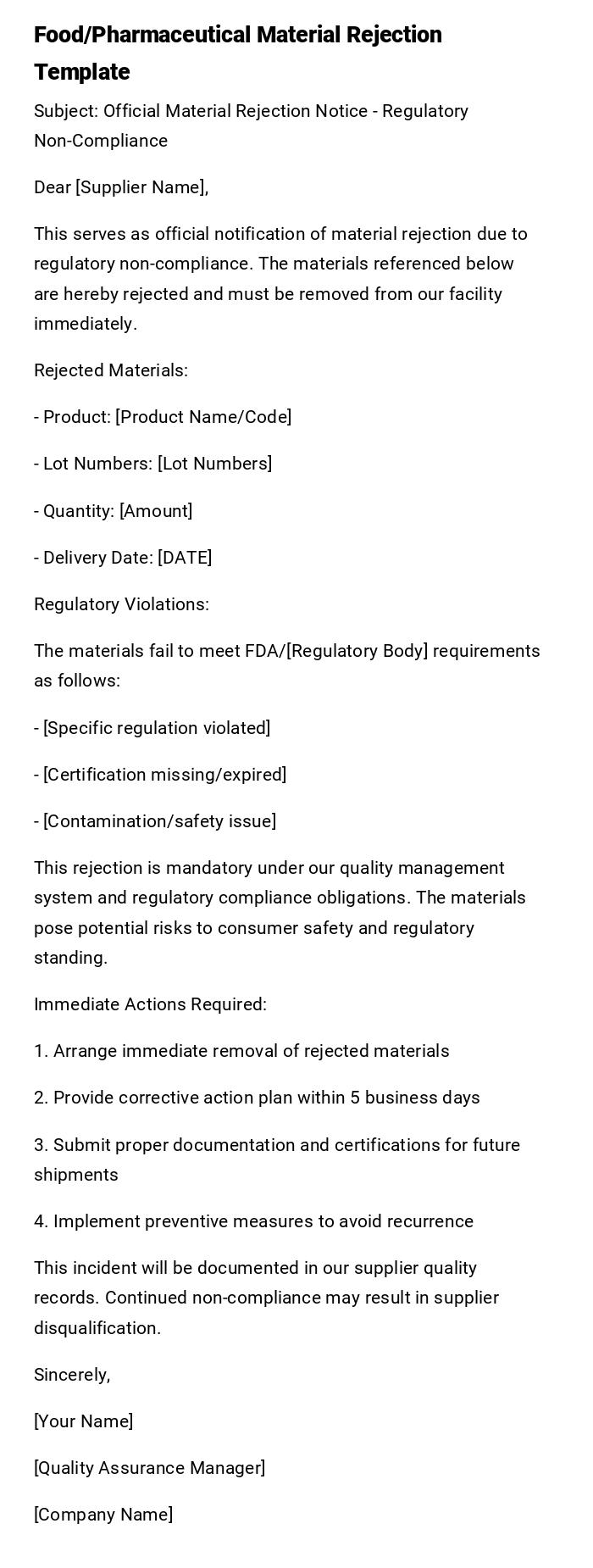 Food/Pharmaceutical Material Rejection Template Food/Pharmaceutical Material Rejection Template