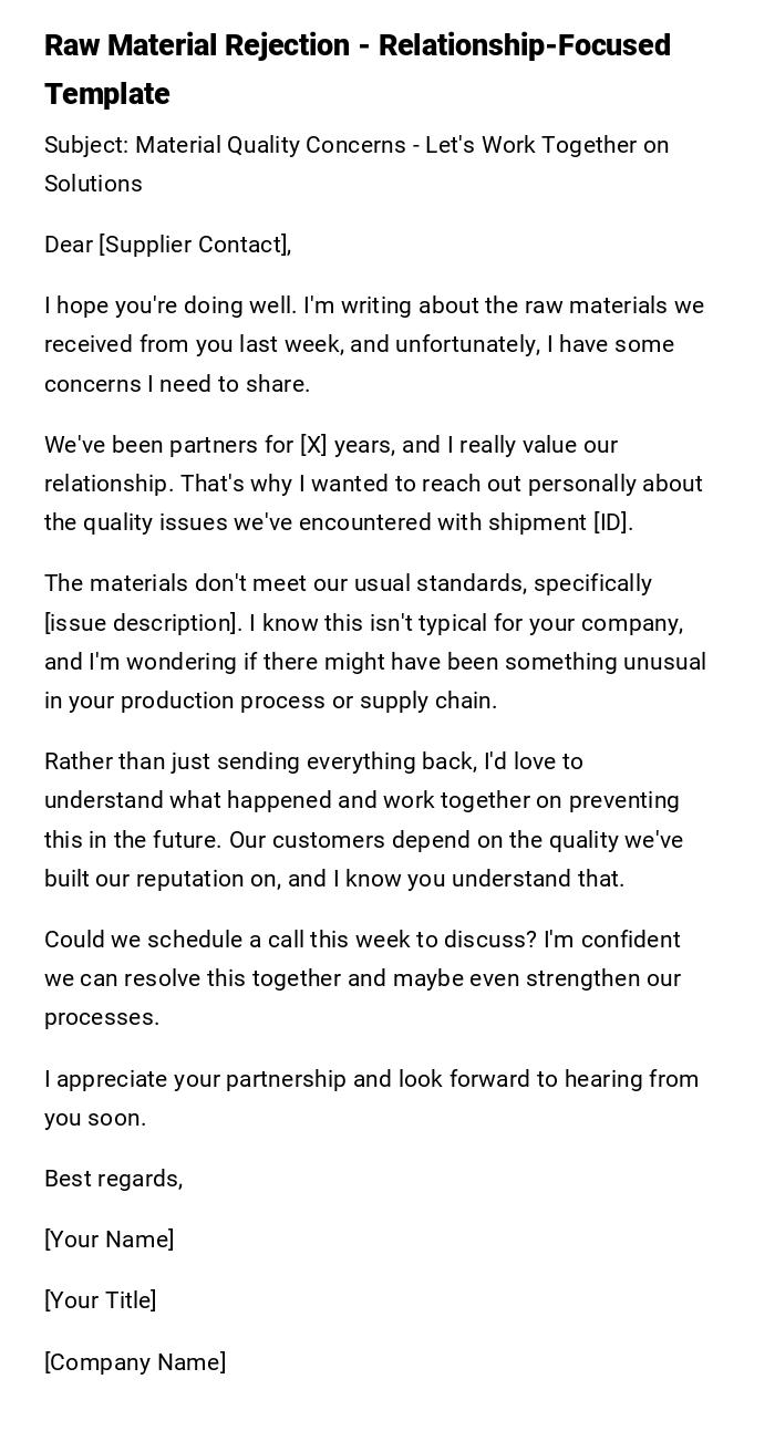 Raw Material Rejection - Relationship-Focused Template Raw Material Rejection - Relationship-Focused Template