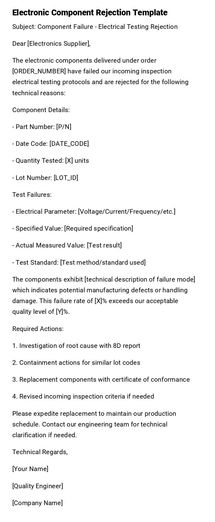 Electronic Component Rejection Template Electronic Component Rejection Template