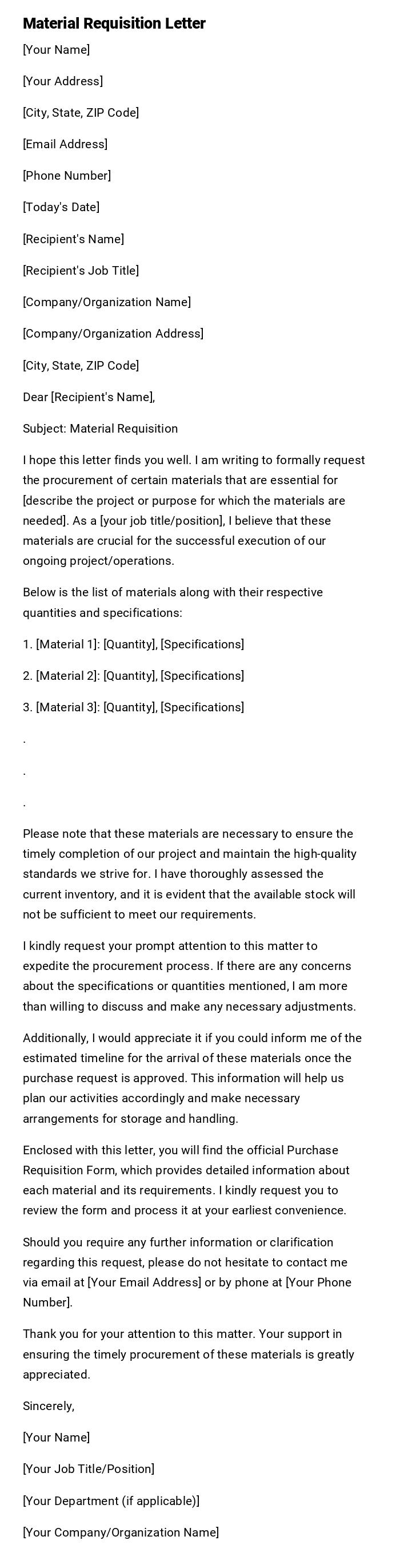 Material Requisition Letter