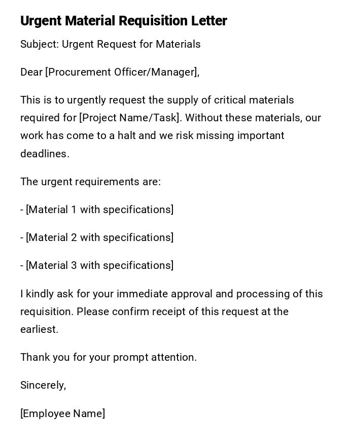 Urgent Material Requisition Letter Urgent Material Requisition Letter