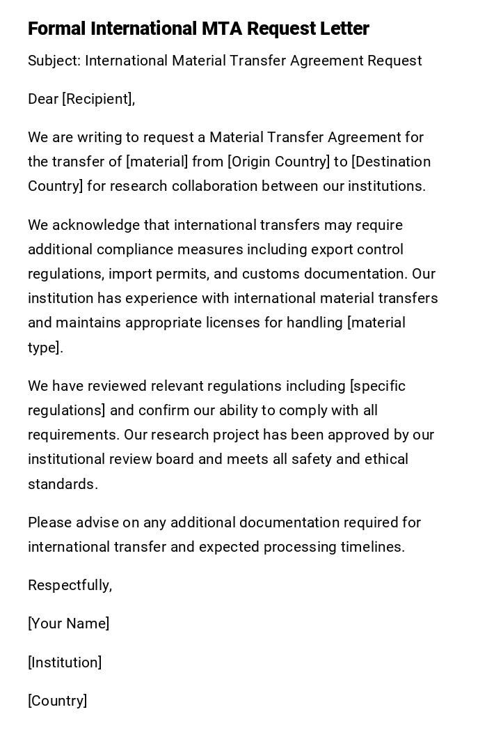 Formal International MTA Request Letter Formal International MTA Request Letter