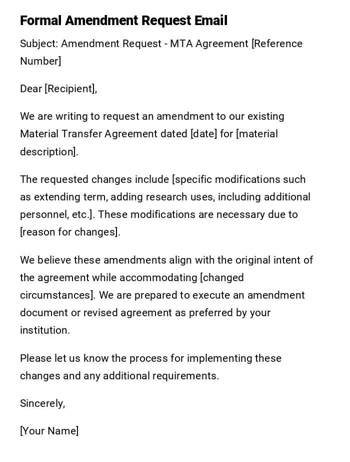 Formal Amendment Request Email Formal Amendment Request Email