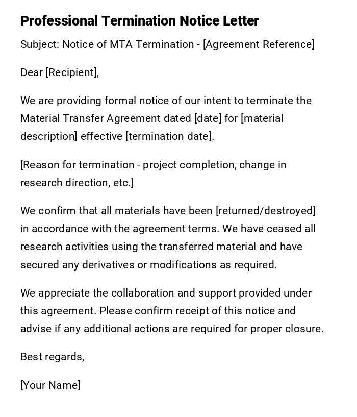 Professional Termination Notice Letter Professional Termination Notice Letter