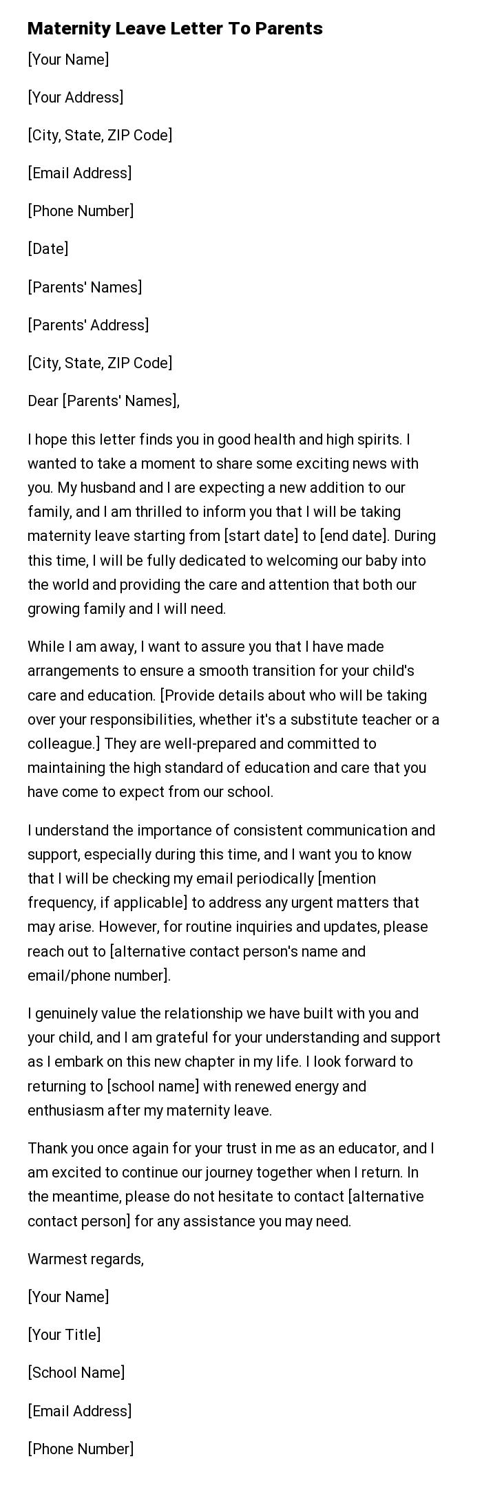Maternity Leave Letter To Parents