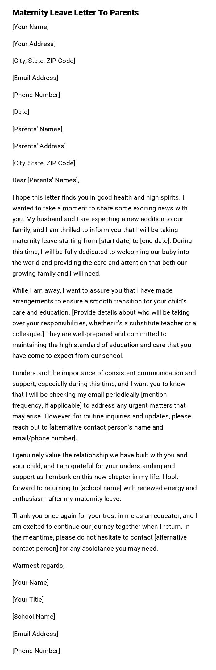 Maternity Leave Letter To Parents