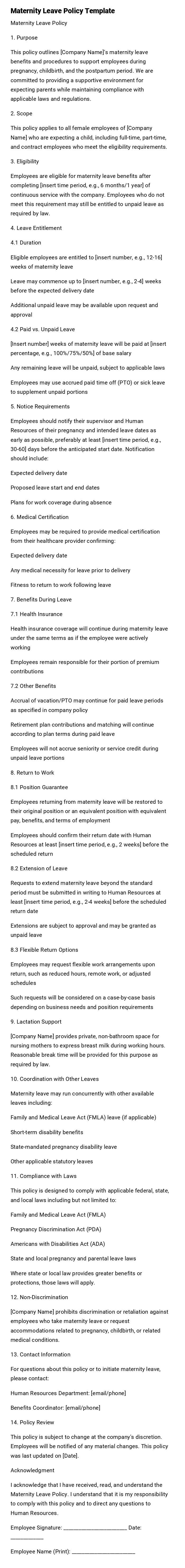 Maternity Leave Policy Template Maternity Leave Policy Template