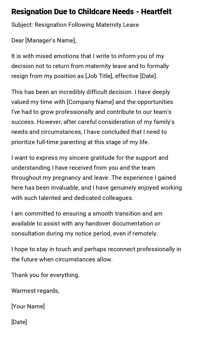 Resignation Due to Childcare Needs - Heartfelt Resignation Due to Childcare Needs - Heartfelt