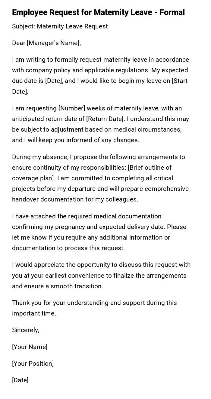 Employee Request for Maternity Leave - Formal Employee Request for Maternity Leave - Formal