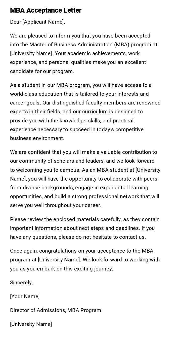 MBA Acceptance Letter MBA Acceptance Letter