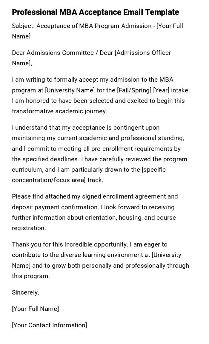 Professional MBA Acceptance Email Template Professional MBA Acceptance Email Template