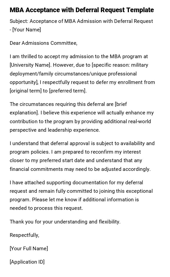 MBA Acceptance with Deferral Request Template MBA Acceptance with Deferral Request Template
